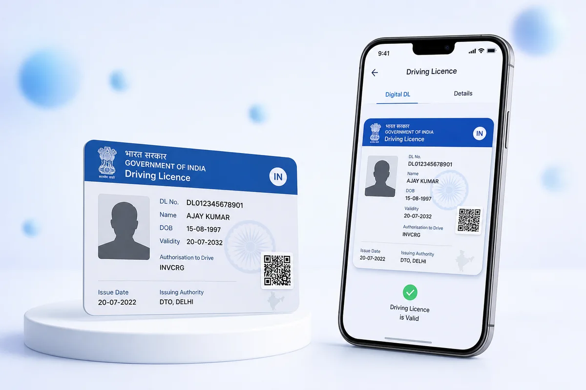 Illustration of a digital Indian driving licence on a phone and card